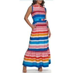 Kensie Striped Sleeveless Ruffle Hem Colorful Collared Maxi Dress Size 2 NEW